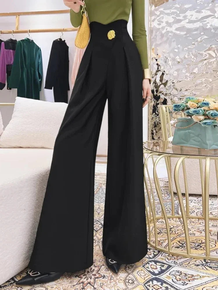 Elegant Office Lady Wide Leg Pants Design Flower Button High Waist Pantalones Baggy Spring Summer Straight Spodnie New