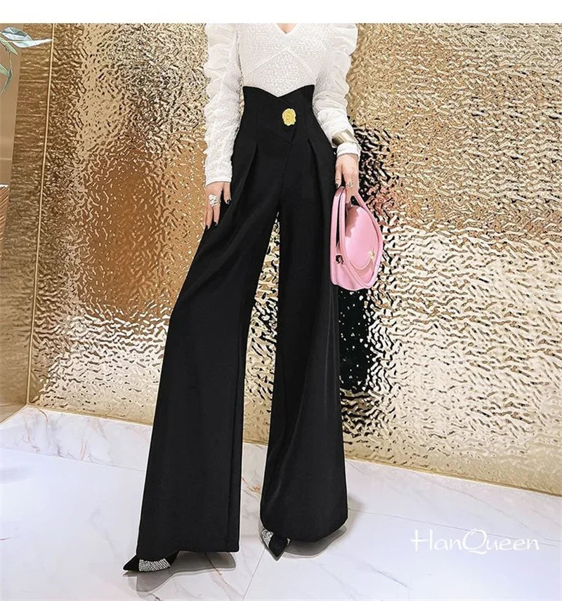 Elegant Office Lady Wide Leg Pants Design Flower Button High Waist Pantalones Baggy Spring Summer Straight Spodnie New