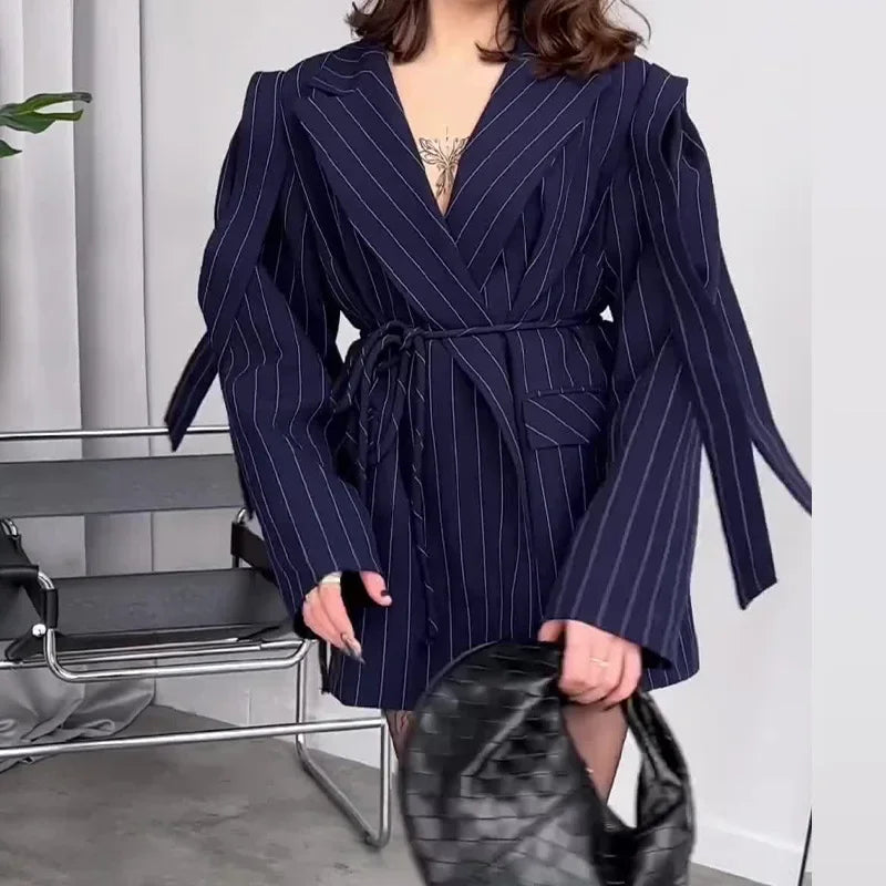 DFCF Women Elegant Loose Waist Cinching Belt Jackets Female Tailored Vintage Striped Lapel Suit Jacket