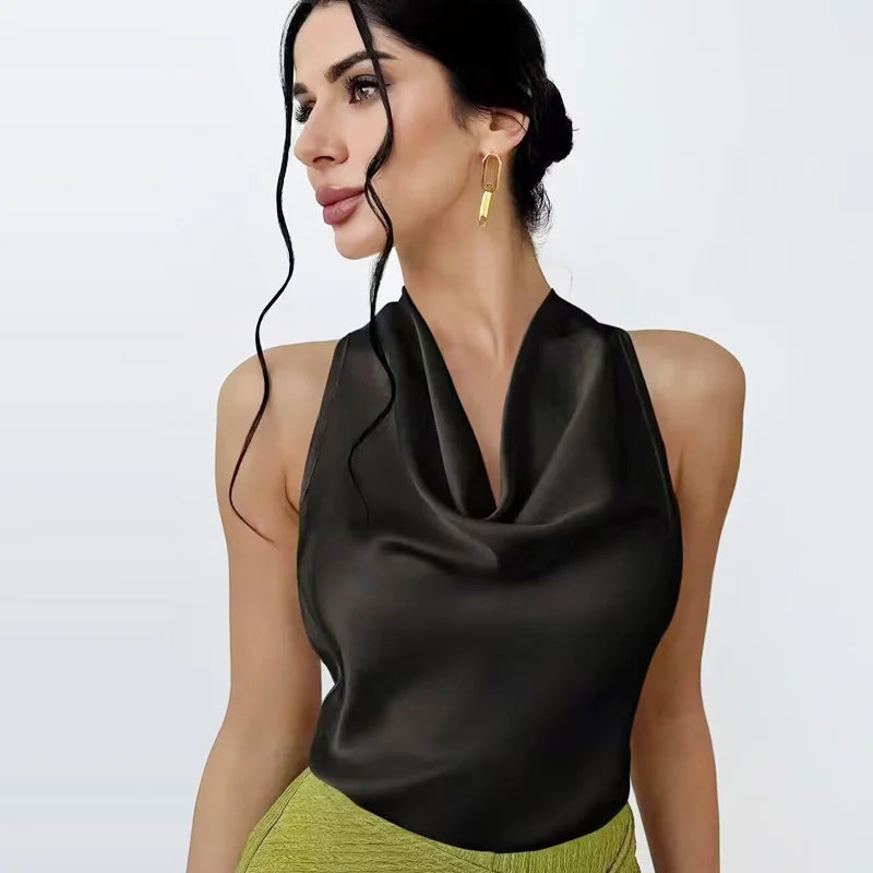 Women Satin Halter Top Summer Black Yellow Tanks & Camis Off Shoulder Crop Tank Top Fashion Sleeveless Backless Vests