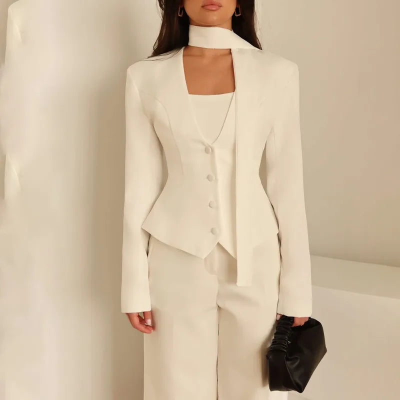 V Neck Scarf Blazer Jacket Women's Elegant Cinched Waist Single Casual Slim Blazers