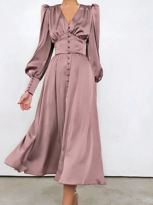 Elegant Fashion Single Breasted  Dress for Women Party Robe High Waist Satin Long Dress Sexy Lantern Sleeve Chic Midi Dresses