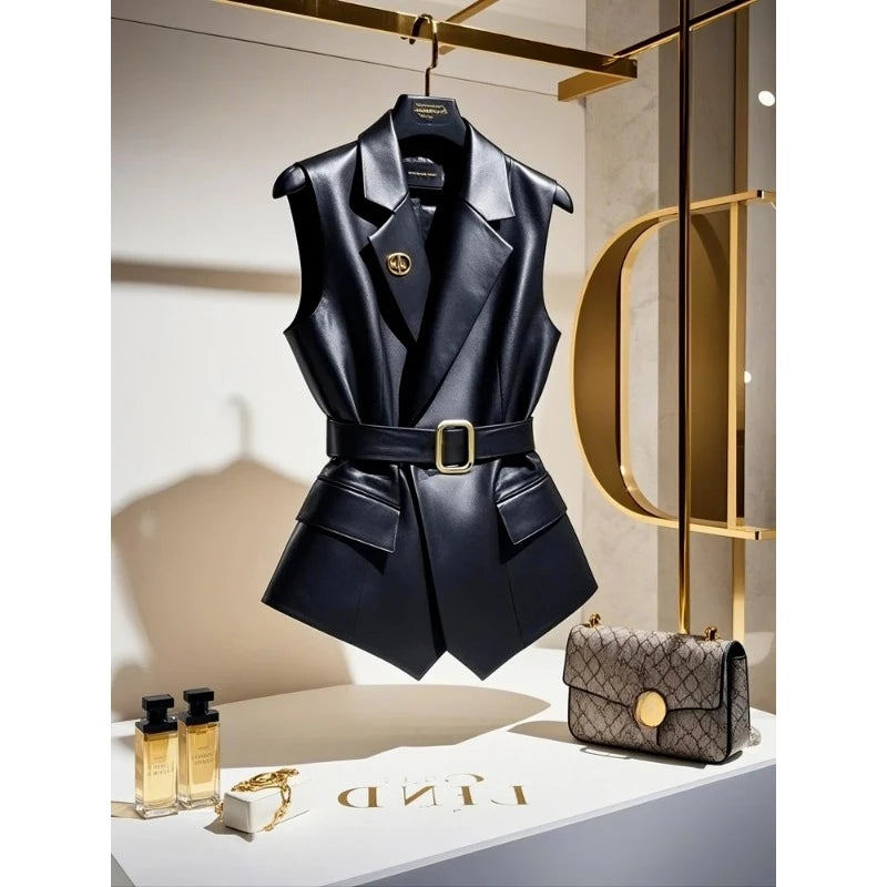 Black Leather Waistcoat This Year's Popular Explosive Unique High-level Sense of Folded Sleeveless Coat.
