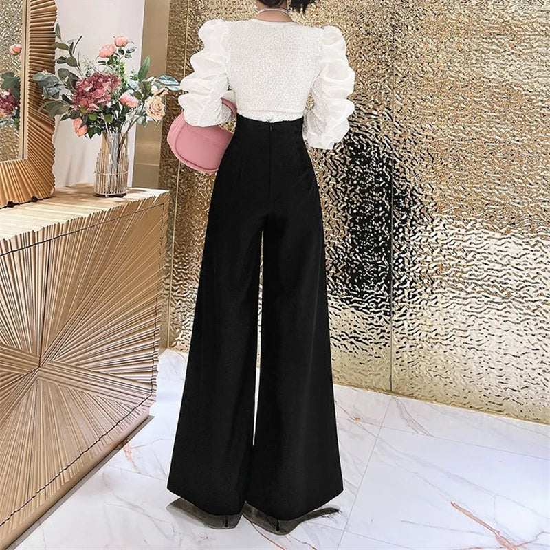Elegant Office Lady Wide Leg Pants Design Flower Button High Waist Pantalones Baggy Spring Summer Straight Spodnie New