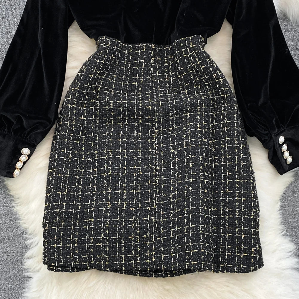 Elegant Long Sleeve Vintage Stand Collar Chic Velvet Spliced Coarse Tweed Slim A-line Dresses High Street Autumn Winter Clothing
