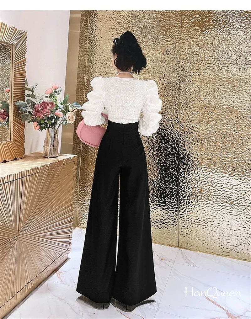 Elegant Office Lady Wide Leg Pants Design Flower Button High Waist Pantalones Baggy Spring Summer Straight Spodnie New
