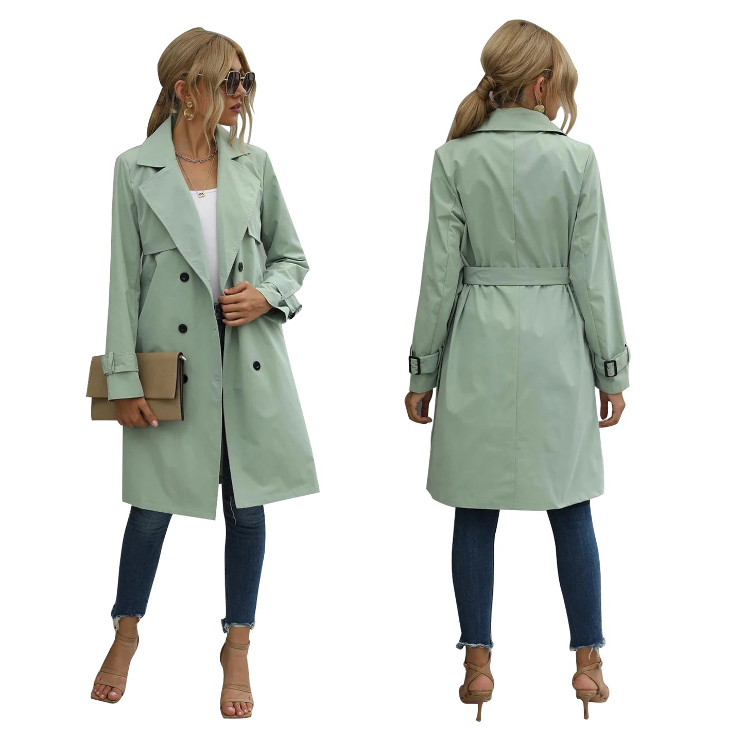 Autumn Fashion Women Casual Solid Color Trench Coat Ladies Elagant Long Sleeve Lapel Neck Double Breasted Belted Trench Coat