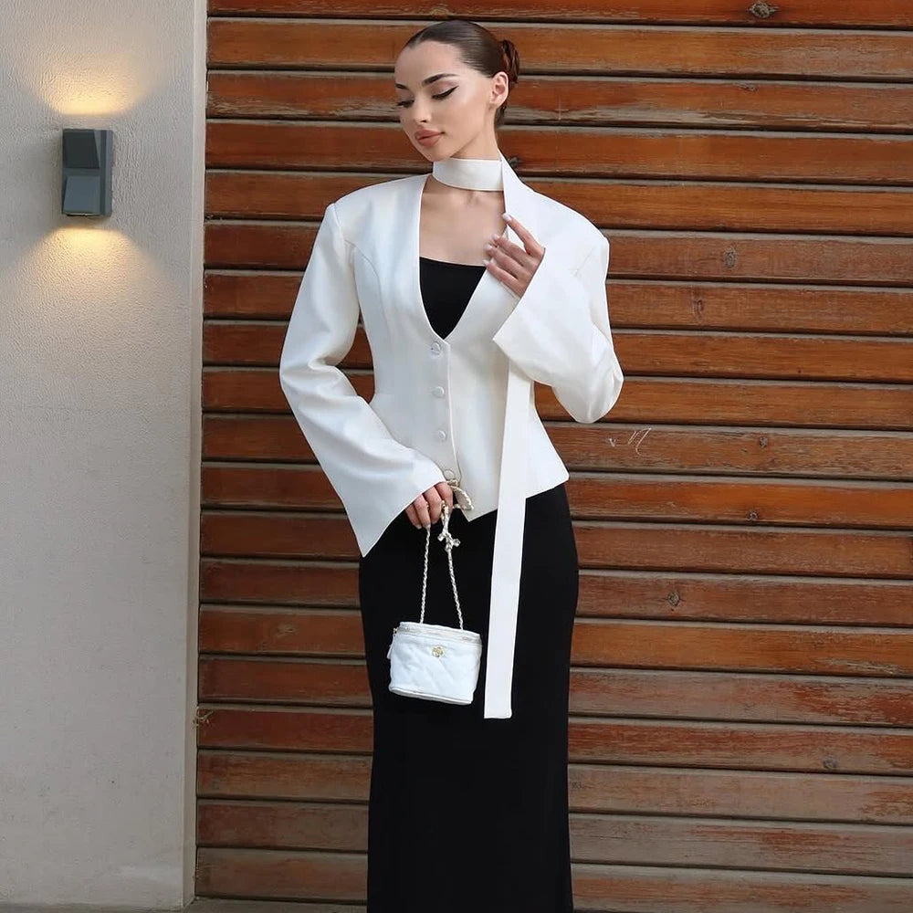 V Neck Scarf Blazer Jacket Women's Elegant Cinched Waist Single Casual Slim Blazers