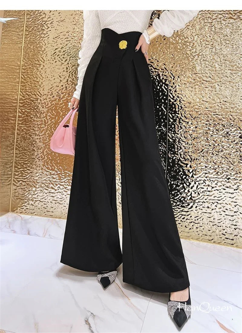Elegant Office Lady Wide Leg Pants Design Flower Button High Waist Pantalones Baggy Spring Summer Straight Spodnie New