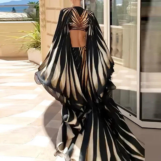 Boho Style Striped Print Split Maxi Dress Woman Sexy V Neck Hollow Party Long Dresses Summer Flare Sleeve Backless Holiday Dress