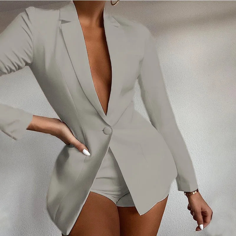Two Piece Blazer Suit Elegant Office Lady Long Sleeve One Button Coat Jacket Shorts Set Outfits