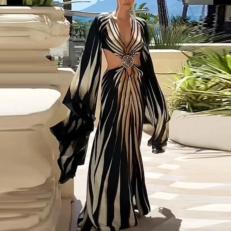 Boho Style Striped Print Split Maxi Dress Woman Sexy V Neck Hollow Party Long Dresses Summer Flare Sleeve Backless Holiday Dress