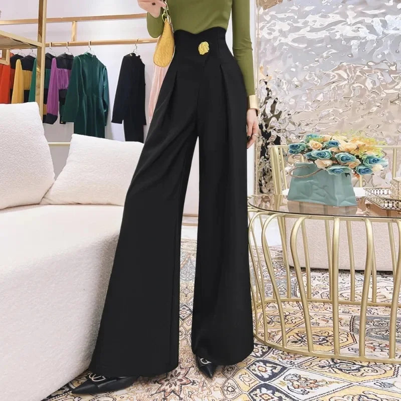 Elegant Office Lady Wide Leg Pants Design Flower Button High Waist Pantalones Baggy Spring Summer Straight Spodnie New