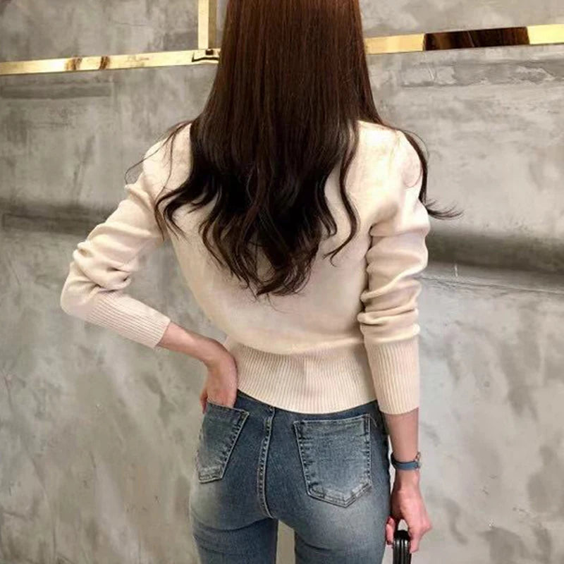 Autumn Long Sleeve Fashion Women Cardigans Sweater Knitted Coat Short Casual Single Breasted Slim Chic Ladies Tops
