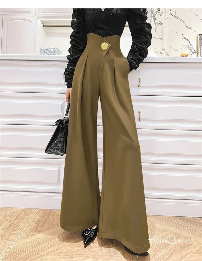 Elegant Office Lady Wide Leg Pants Design Flower Button High Waist Pantalones Baggy Spring Summer Straight Spodnie New