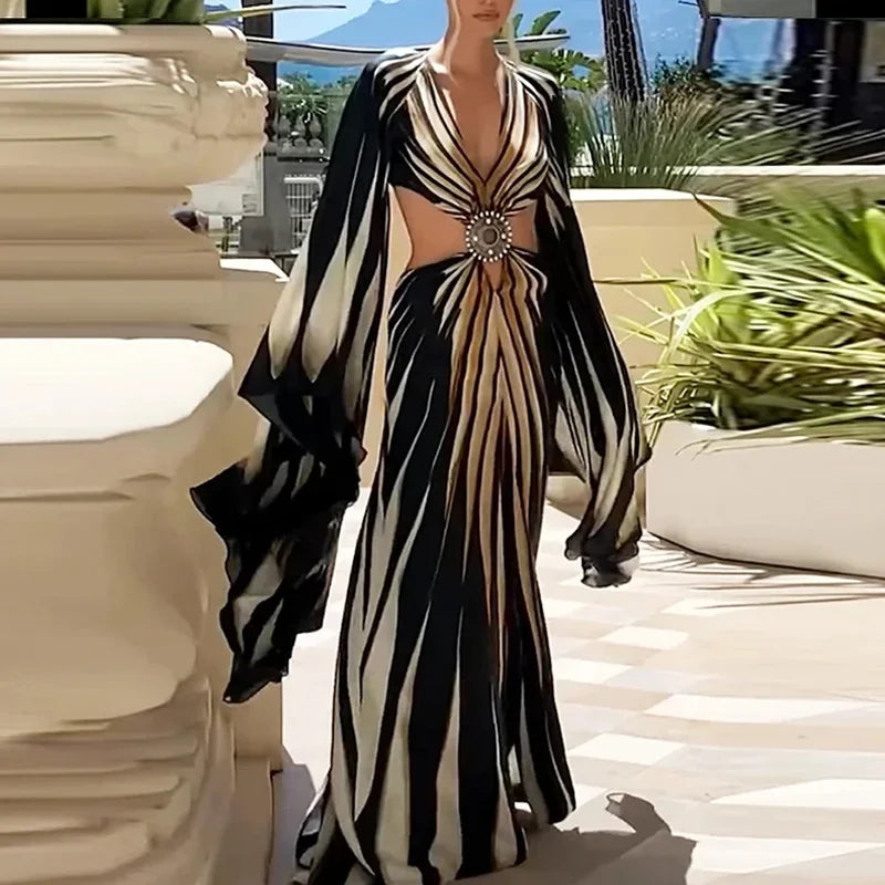 Boho Style Striped Print Split Maxi Dress Woman Sexy V Neck Hollow Party Long Dresses Summer Flare Sleeve Backless Holiday Dress