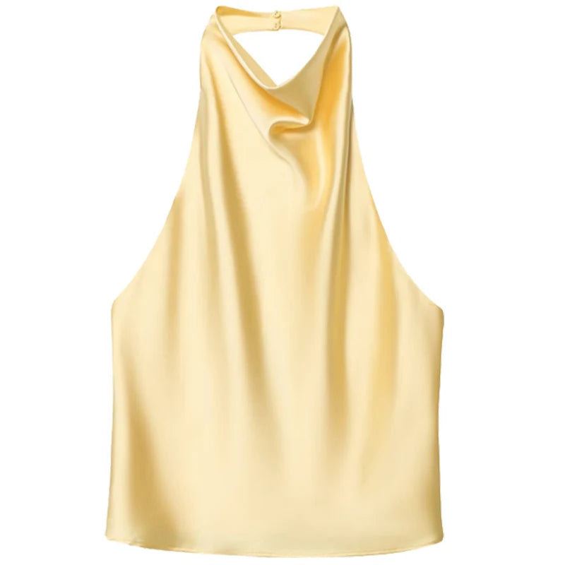 Women Satin Halter Top Summer Black Yellow Tanks & Camis Off Shoulder Crop Tank Top Fashion Sleeveless Backless Vests