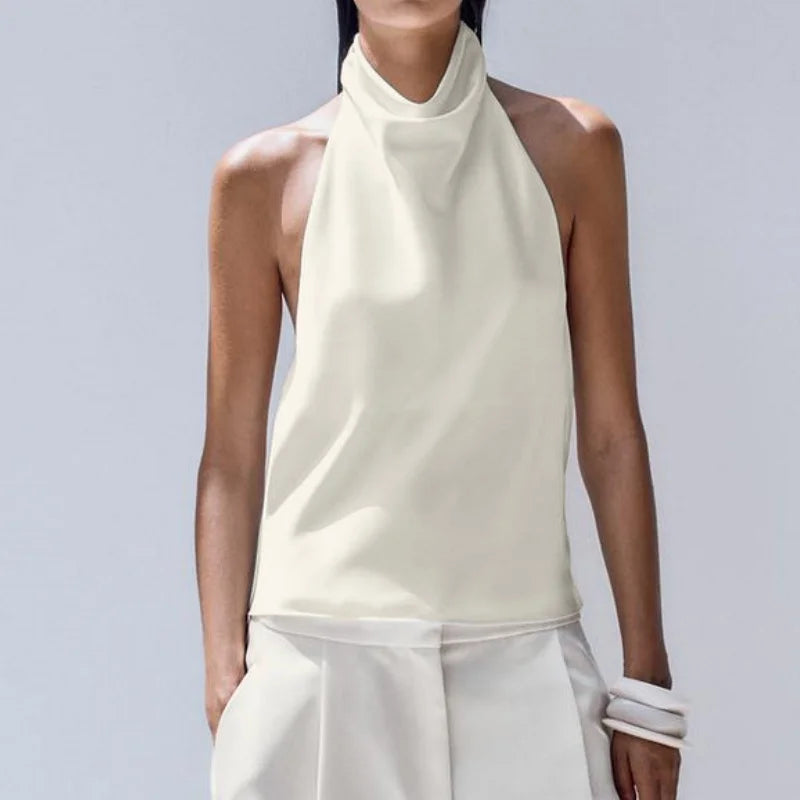 Women Backless Halter Crop Top Solid Satin Standup collar Slip Tank Top Casual Office Ladies Off Shoulder Evening Party Vests
