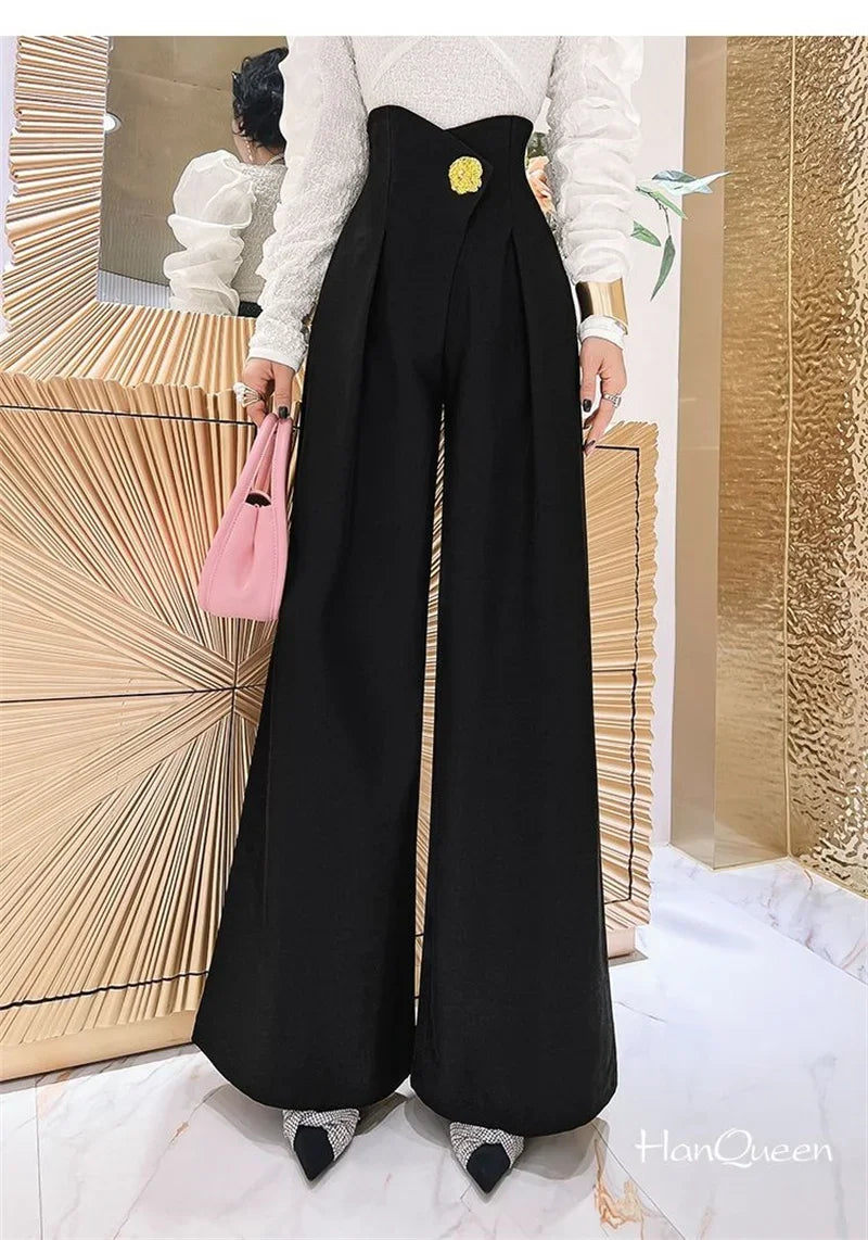 Elegant Office Lady Wide Leg Pants Design Flower Button High Waist Pantalones Baggy Spring Summer Straight Spodnie New