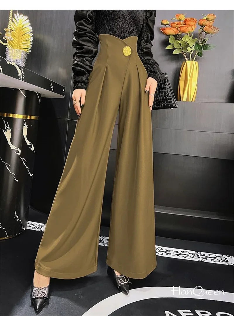 Elegant Office Lady Wide Leg Pants Design Flower Button High Waist Pantalones Baggy Spring Summer Straight Spodnie New