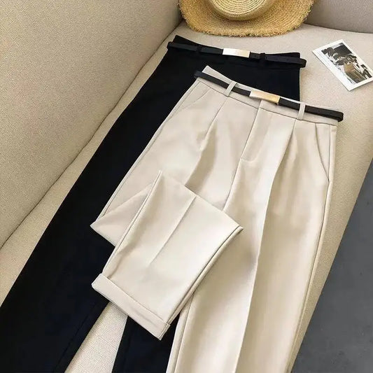 Elegant Summer Casual Pants Women Fashion Solid Color Sashes  Slim Straight Trousers Chic Business Mujer Retro Belt.