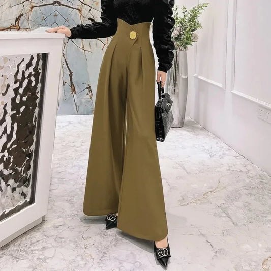 Elegant Office Lady Wide Leg Pants Design Flower Button High Waist Pantalones Baggy Spring Summer Straight Spodnie New