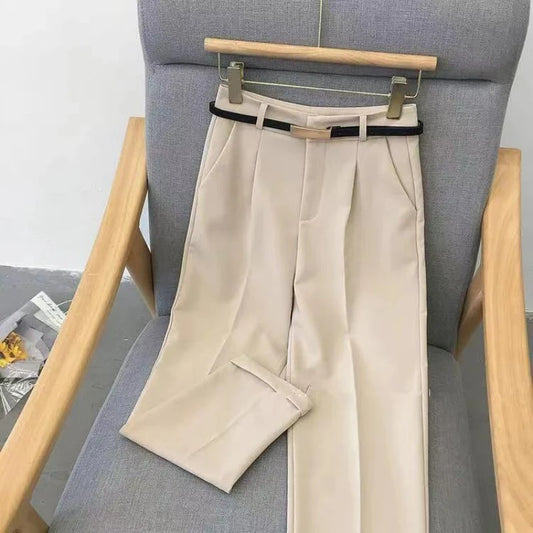 Elegant Summer Casual Pants Women Fashion Solid Color Sashes  Slim Straight Trousers Chic Business Mujer Retro Belt.