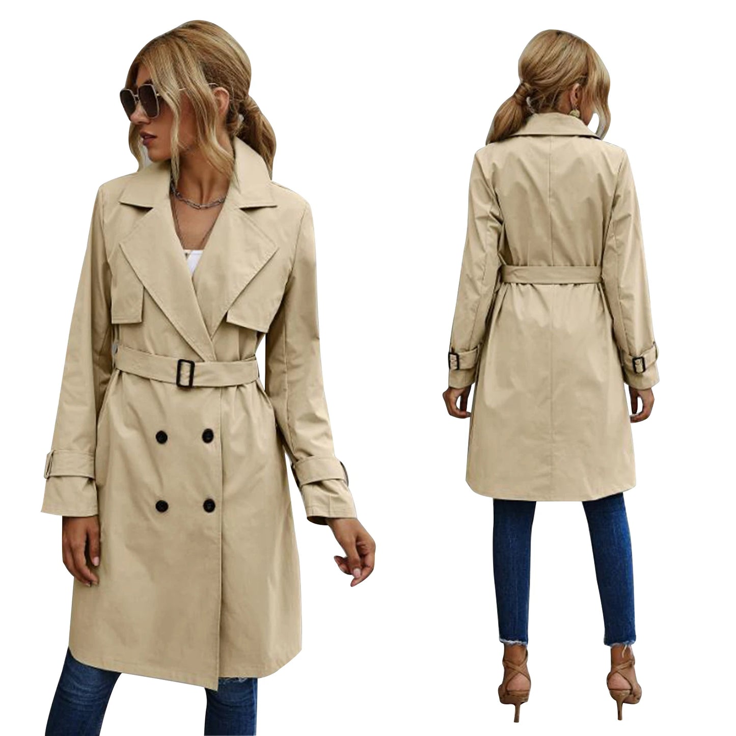 Autumn Fashion Women Casual Solid Color Trench Coat Ladies Elagant Long Sleeve Lapel Neck Double Breasted Belted Trench Coat