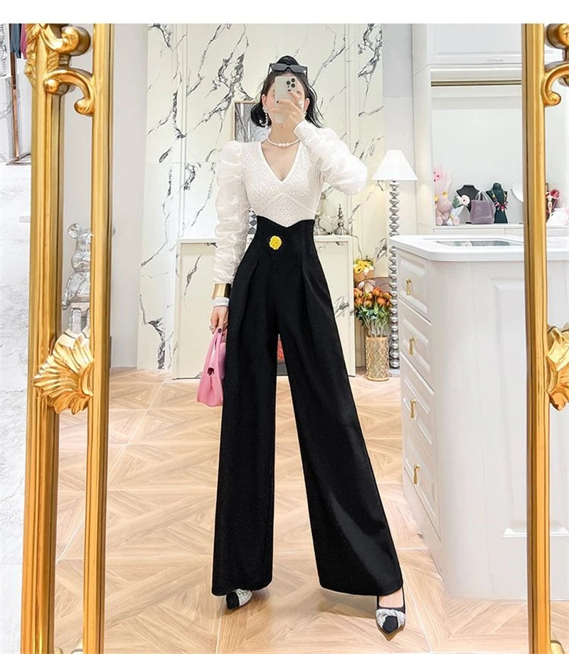Elegant Office Lady Wide Leg Pants Design Flower Button High Waist Pantalones Baggy Spring Summer Straight Spodnie New