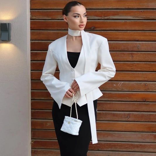 V Neck Scarf Blazer Jacket Women's Elegant Cinched Waist Single Casual Slim Blazers