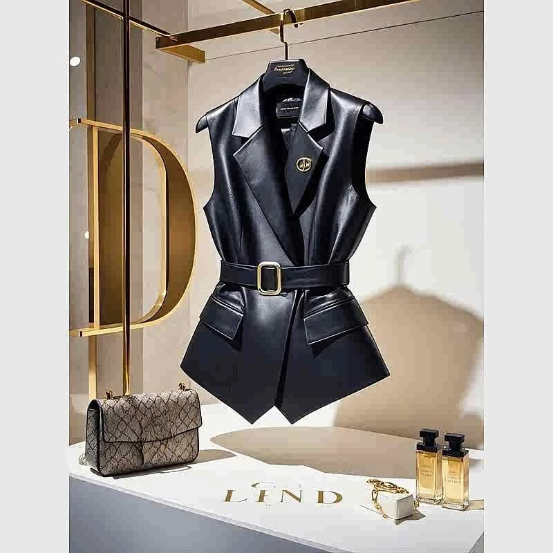 Black Leather Waistcoat This Year's Popular Explosive Unique High-level Sense of Folded Sleeveless Coat.