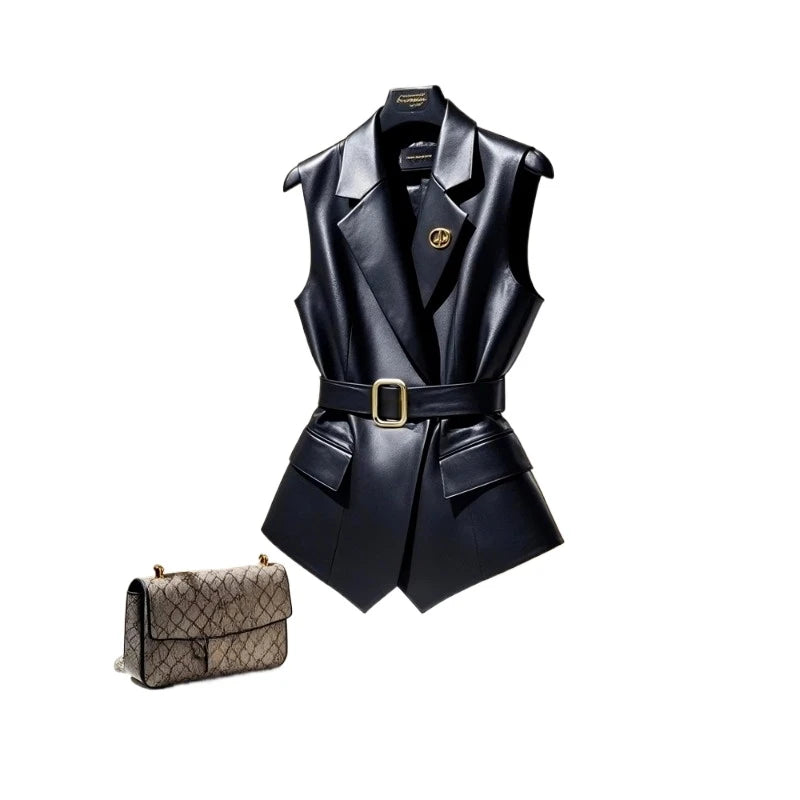 Black Leather Waistcoat This Year's Popular Explosive Unique High-level Sense of Folded Sleeveless Coat.