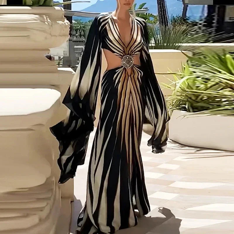 Boho Style Striped Print Split Maxi Dress Woman Sexy V Neck Hollow Party Long Dresses Summer Flare Sleeve Backless Holiday Dress