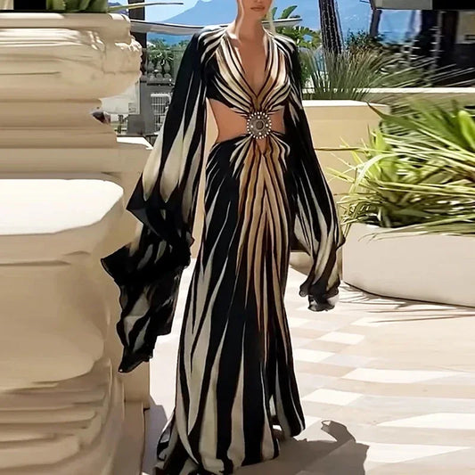 Boho Style Striped Print Split Maxi Dress Woman Sexy V Neck Hollow Party Long Dresses Summer Flare Sleeve Backless Holiday Dress