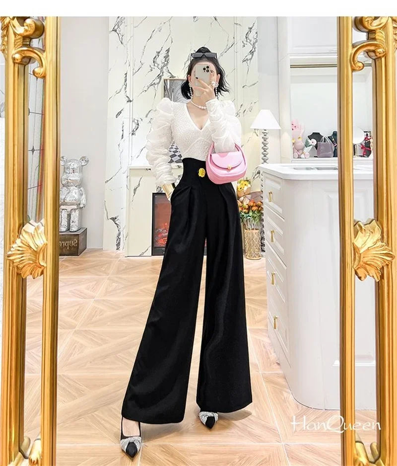 Elegant Office Lady Wide Leg Pants Design Flower Button High Waist Pantalones Baggy Spring Summer Straight Spodnie New