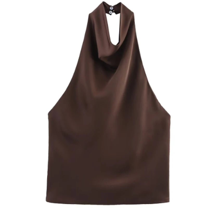 Women Satin Halter Top Summer Black Yellow Tanks & Camis Off Shoulder Crop Tank Top Fashion Sleeveless Backless Vests
