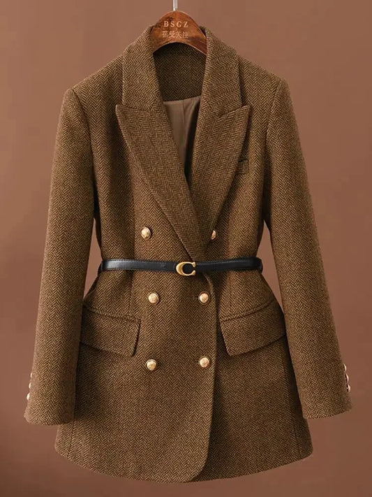Seasonal Temperament Top Female Blazer Comes With Belt A Vintage Wool Jacket For Women Autumn And Winter