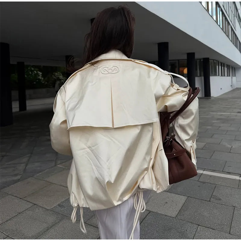 Fashion Cropped Trench Coat Women Elegant Solid Lapel Lace Up Double-breasted Windbreaker Jacket Autumn Lady Chic Street Outwear