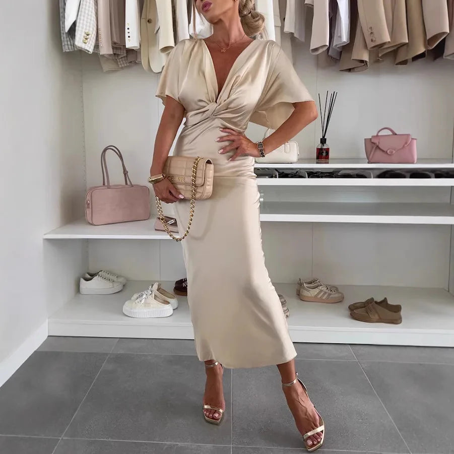 Fashion Sexy Satin Dress Women's Batwing Short Sleeve Wrap V-neck Twist Bodycon Midi Long Dresses Party High Street Dresses