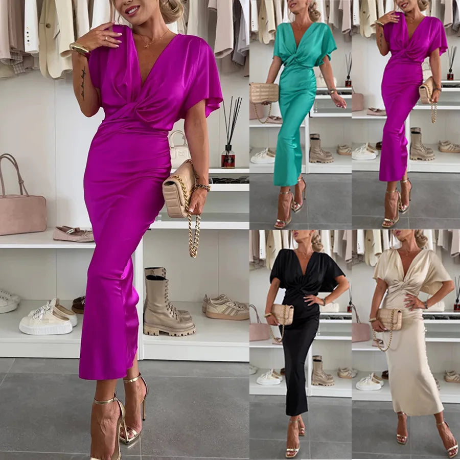 Fashion Sexy Satin Dress Women's Batwing Short Sleeve Wrap V-neck Twist Bodycon Midi Long Dresses Party High Street Dresses