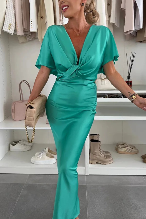 Fashion Sexy Satin Dress Women's Batwing Short Sleeve Wrap V-neck Twist Bodycon Midi Long Dresses Party High Street Dresses