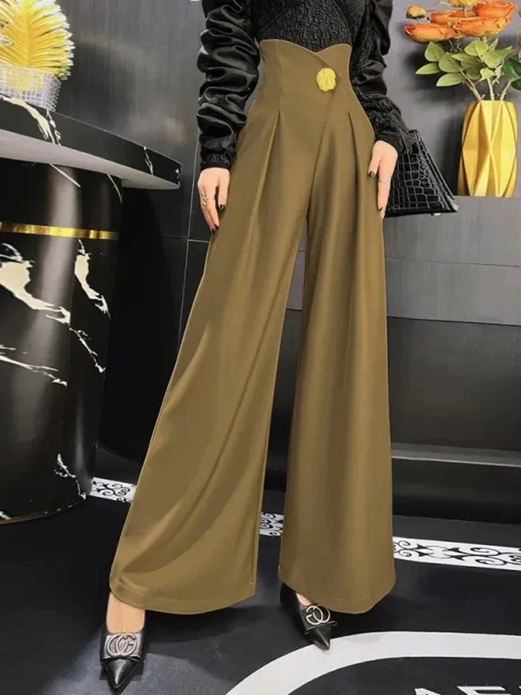 Elegant Office Lady Wide Leg Pants Design Flower Button High Waist Pantalones Baggy Spring Summer Straight Spodnie New