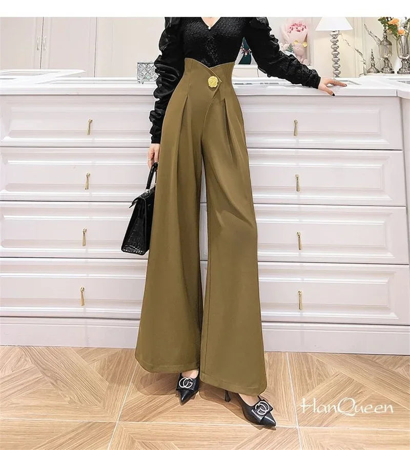 Elegant Office Lady Wide Leg Pants Design Flower Button High Waist Pantalones Baggy Spring Summer Straight Spodnie New