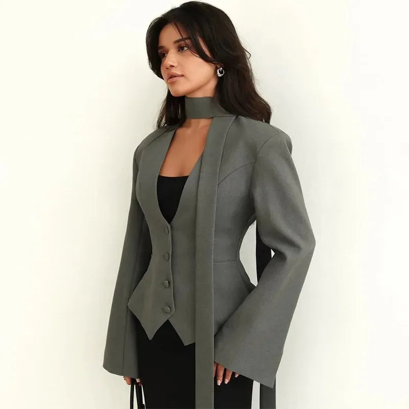V Neck Scarf Blazer Jacket Women's Elegant Cinched Waist Single Casual Slim Blazers