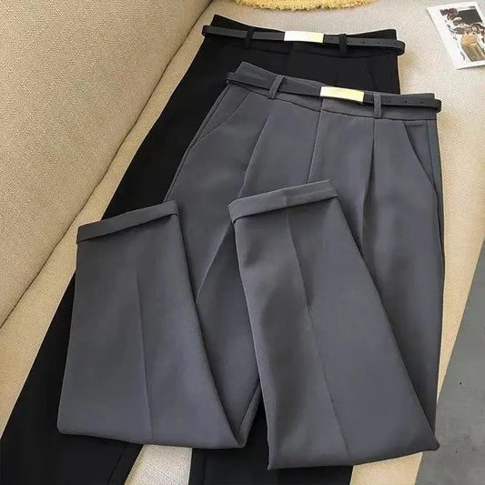 Elegant Summer Casual Pants Women Fashion Solid Color Sashes  Slim Straight Trousers Chic Business Mujer Retro Belt.