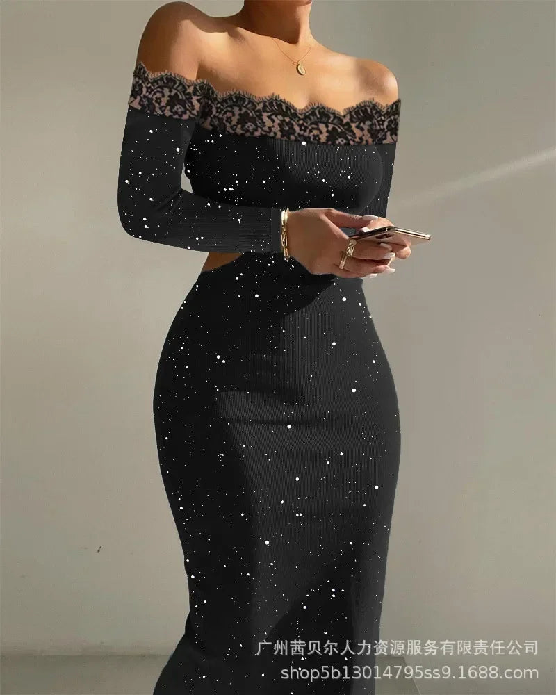 Women's Clothing Lace Splicing Long-sleeved Slim Long Dress High Waist Fashion Casual
