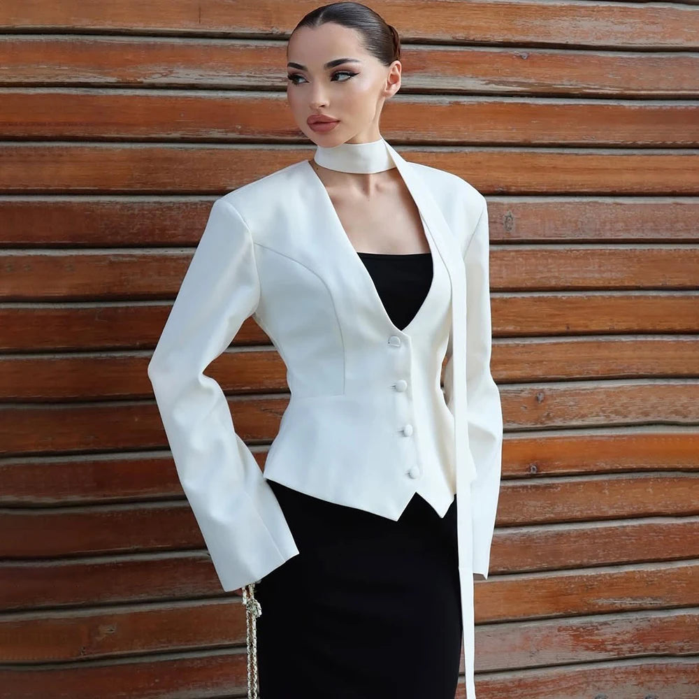 V Neck Scarf Blazer Jacket Women's Elegant Cinched Waist Single Casual Slim Blazers