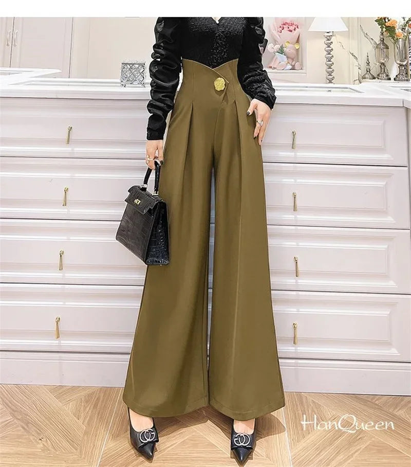 Elegant Office Lady Wide Leg Pants Design Flower Button High Waist Pantalones Baggy Spring Summer Straight Spodnie New
