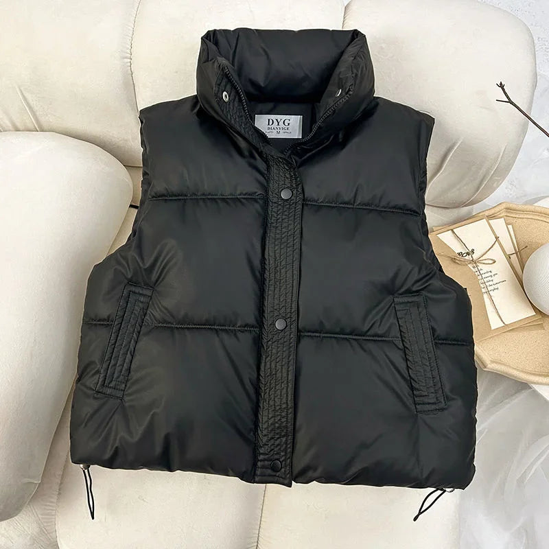 New Autumn Casual Loose Down Cotton Vests Women Stand Collar Short Sleeveless Coats Solid Zipper Waistcoat Winter Warm Vest