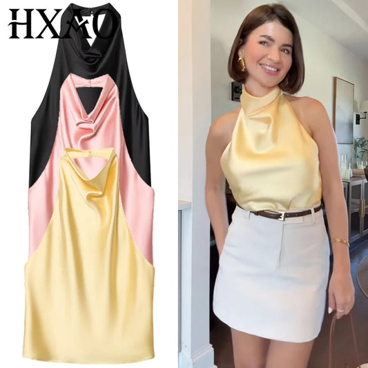 Women Satin Halter Top Summer Black Yellow Tanks & Camis Off Shoulder Crop Tank Top Fashion Sleeveless Backless Vests